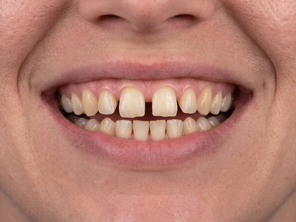 Before: a drawing of uneven teeth with a small gap